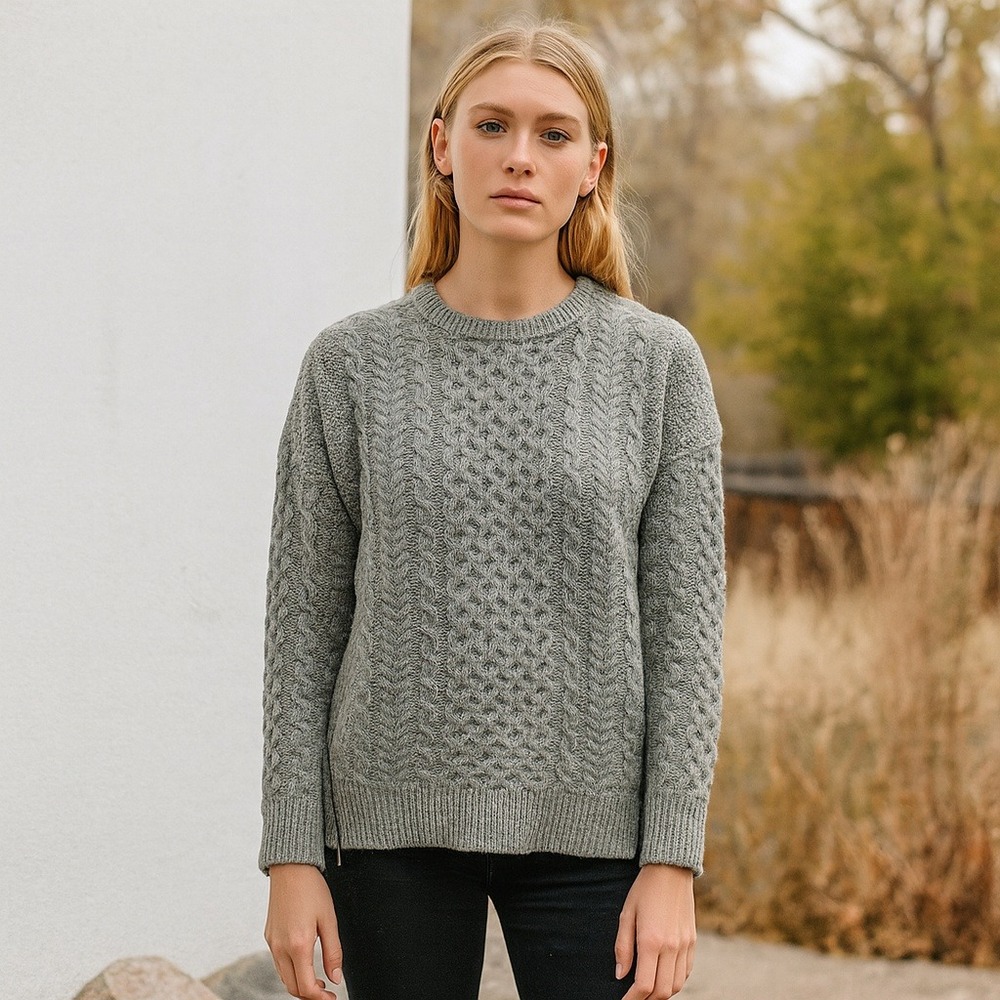 Vero Moda‎ Denim Gray Cable Knit Sweater Side Zip Pullover Womens Size